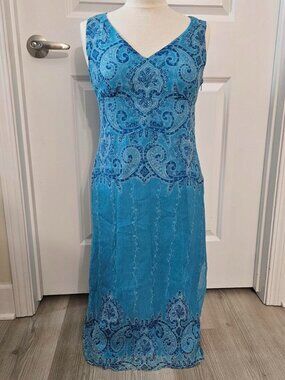 Vintage Blue Paisley Dress Sleeveless Formal Y2K 90s